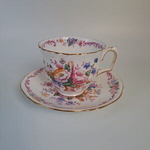 Crown Staffordshire Bone China Floral Tea Cup Saucer England Vintage Gilded Trim